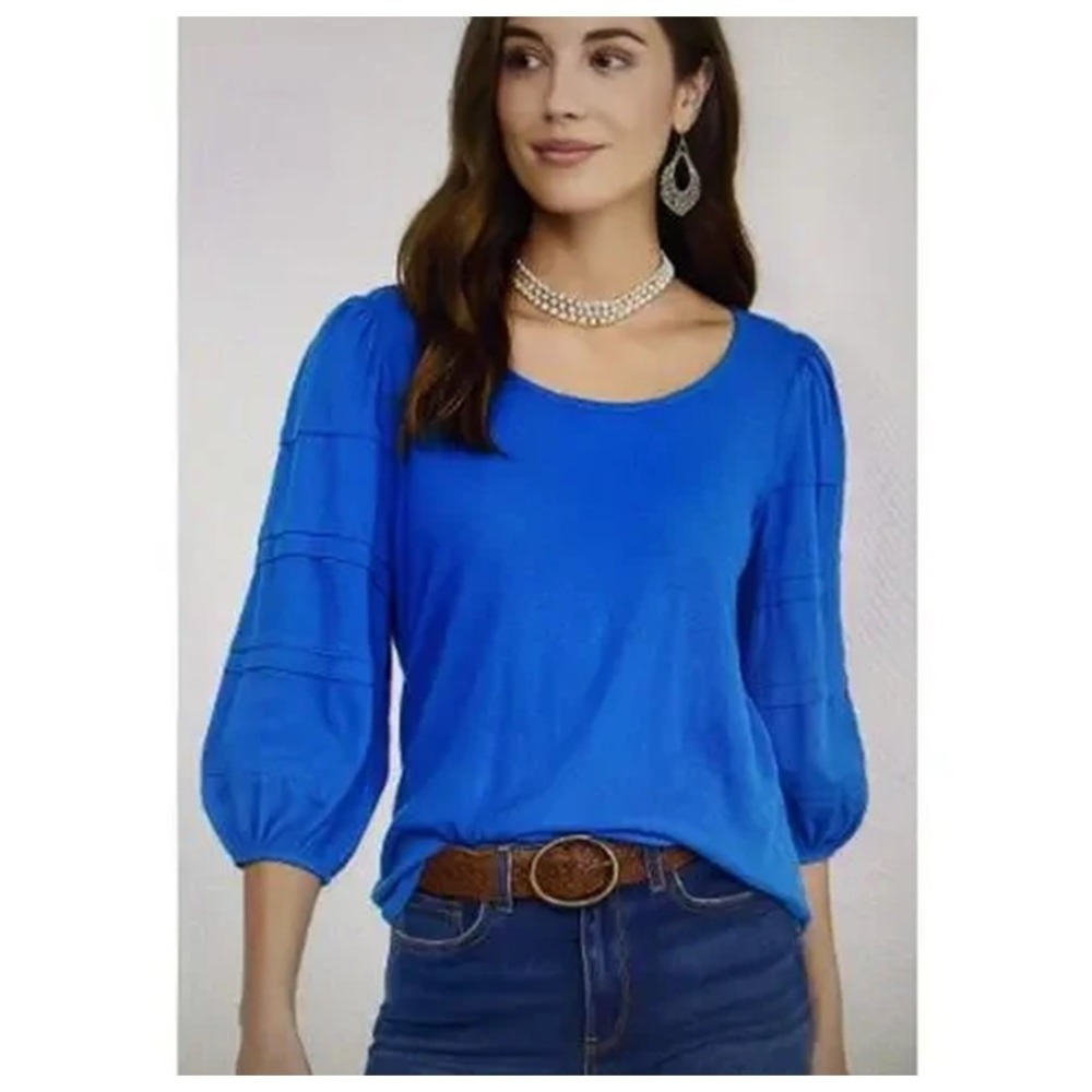 Chico'sâ Puff Sleeve Pintuck Linen Blouse Size 2 Large Blue Excellent Condition